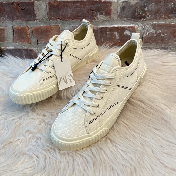 NWT Zara Canvas Low Top Ecru Trainers, Size 10 - Picture 10 of 17
